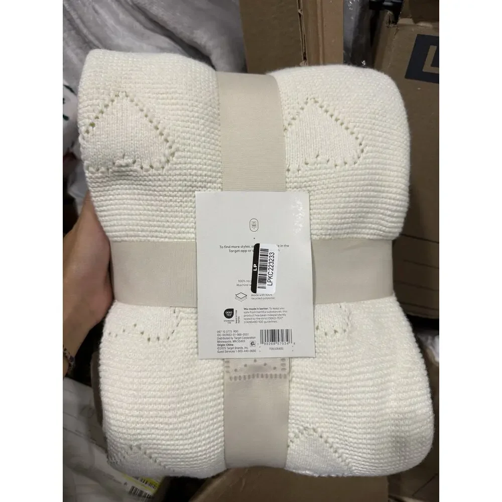NEW Threshold Throw Blanket Sweater Ivory W/ Hearts 50”x60” Valentine's Day